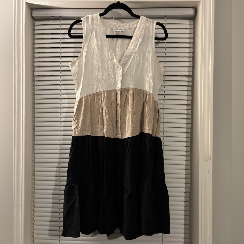 Calvin Klein White, Tan, and Black Midi Dress